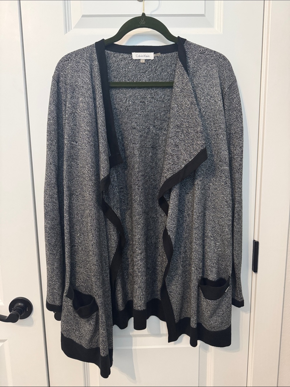 Calvin Klein Black-Trim Heather Gray Open Drape Cardigan